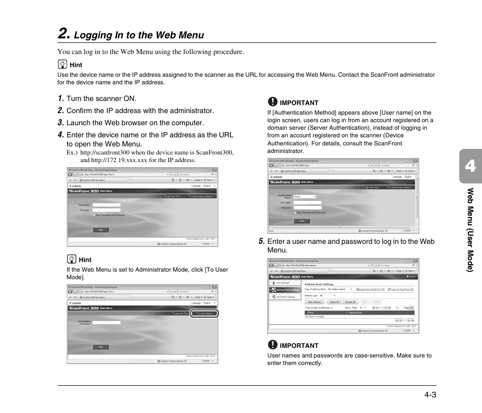 Logging in to the web menu, Logging in to the web menu -3, See p. 4-3.) | Canon 300 User Manual | Page 69 / 100