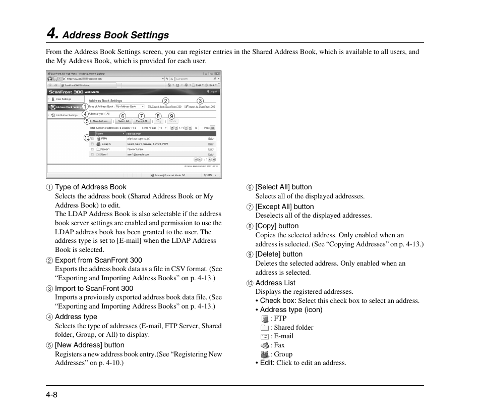 Address book settings, Address book settings -8, See “address book settings | On p. 4-8) | Canon 300 User Manual | Page 74 / 100