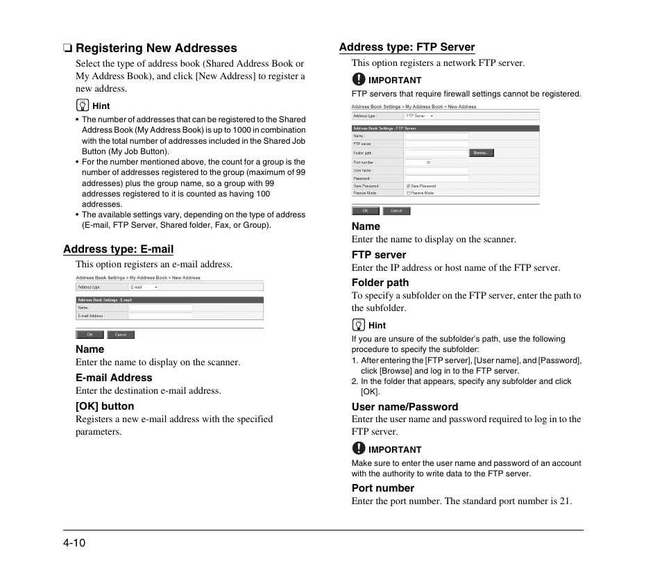 Registering new addresses, Registering new addresses -10, See “registering new addresses” on p. 4-10.) | Canon 300 User Manual | Page 76 / 100