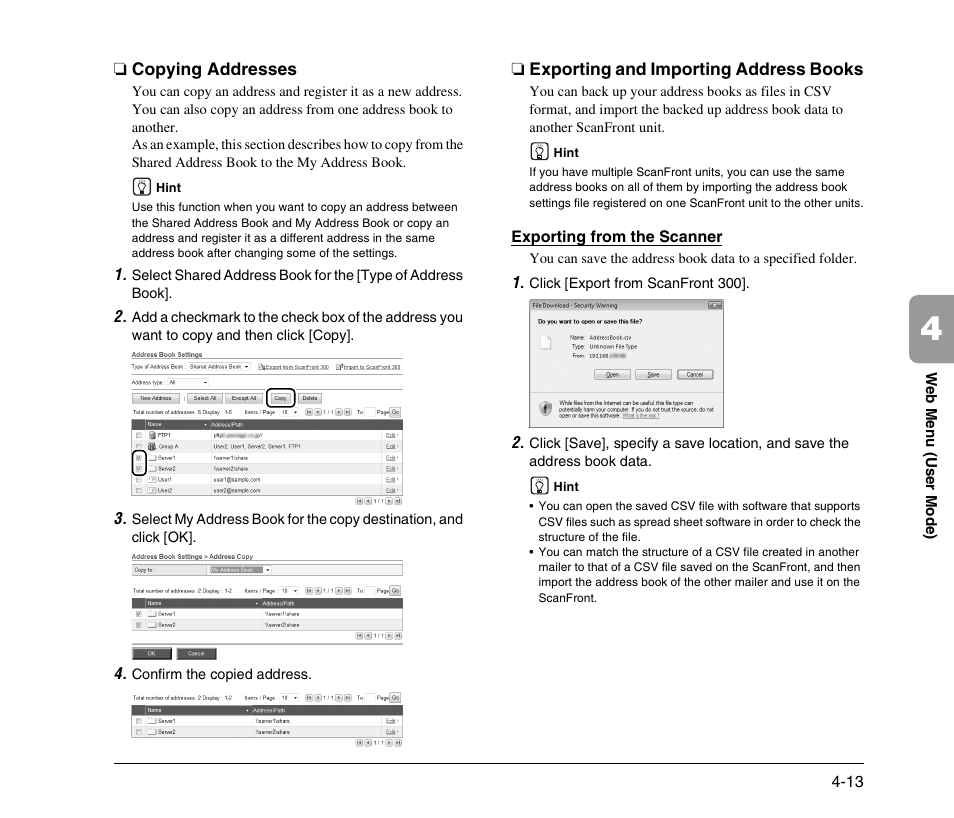 Copying addresses, Exporting and importing address books, See “copying addresses” on p. 4-13.) | Canon 300 User Manual | Page 79 / 100