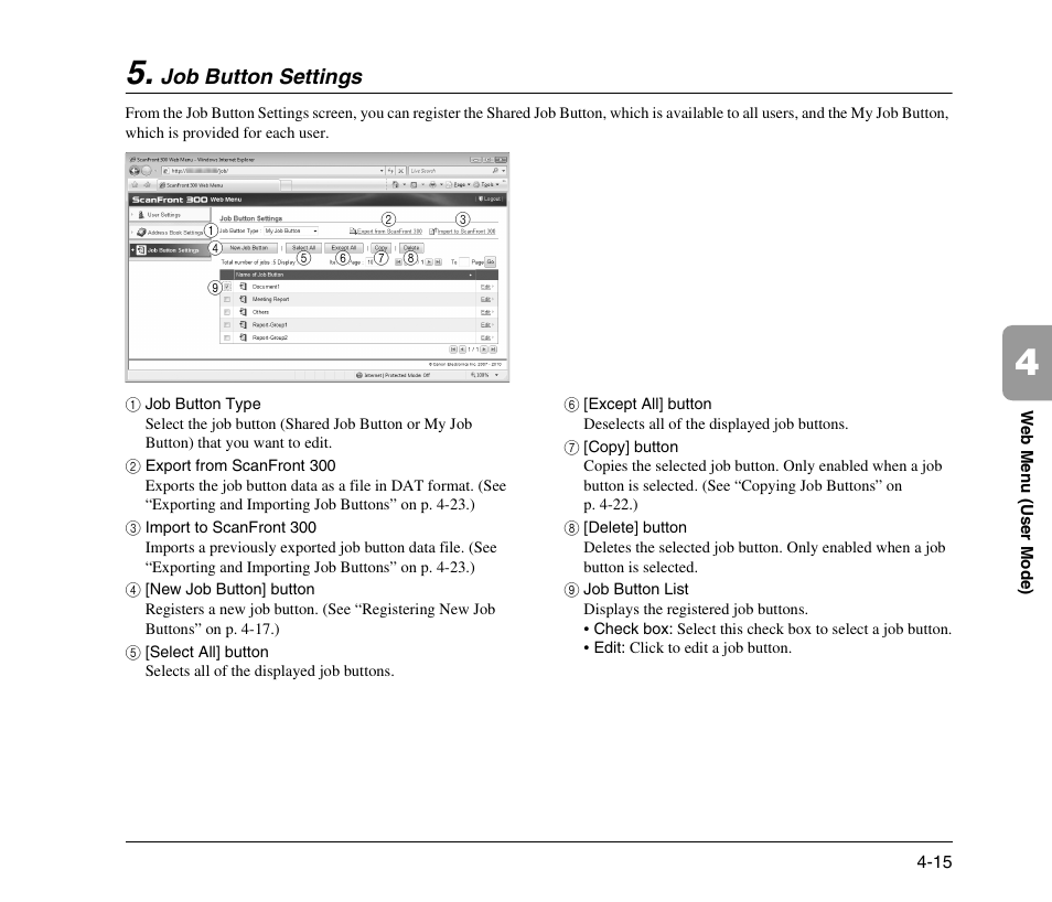 Job button settings, Job button settings -15, See “job button settings” on | P. 4-15) | Canon 300 User Manual | Page 81 / 100