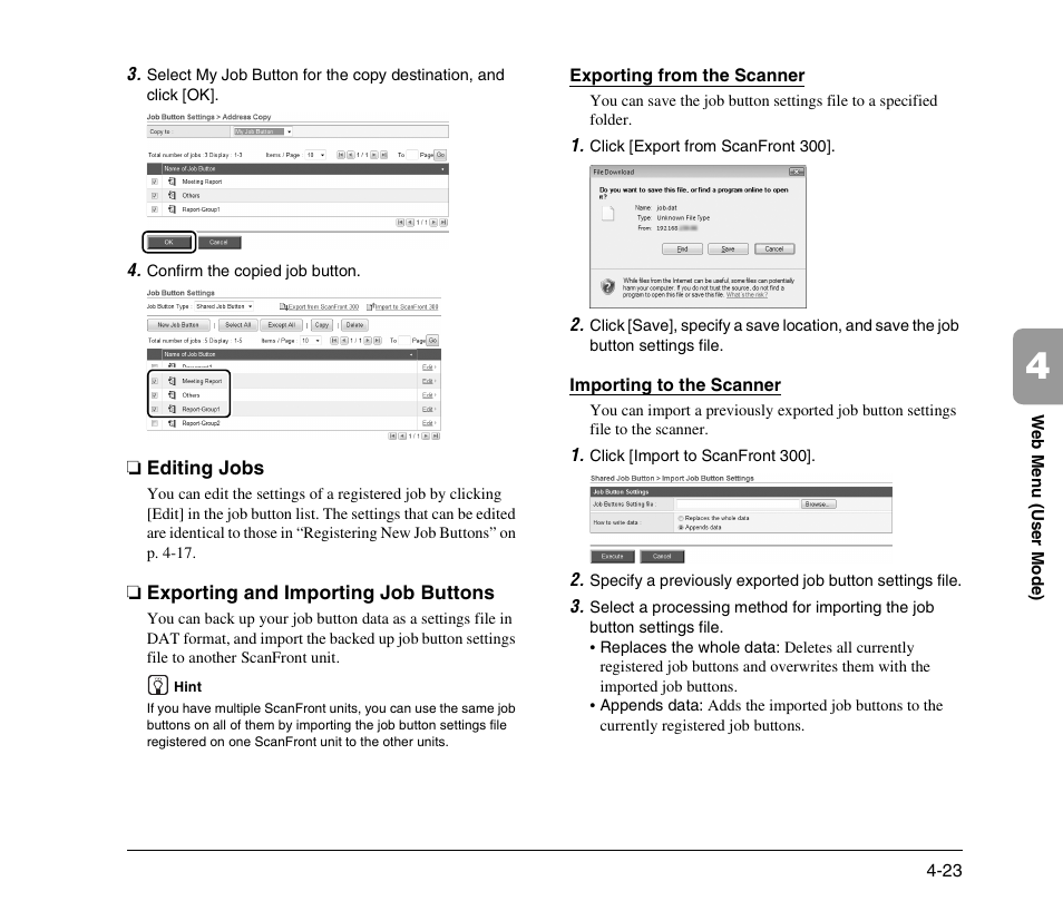 Editing jobs, Exporting and importing job buttons | Canon 300 User Manual | Page 89 / 100