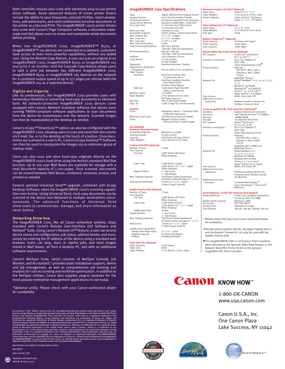 Imagerunner 7200 specifications | Canon 7200 User Manual | Page 2 / 2