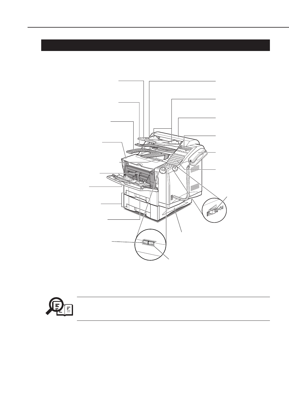 Names of parts and their functions, 1 main unit overview, 2 operation panel | 1 main unit overview figure 2-1 front view, This fax does not have a power switch | Canon FAX-L1000 User Manual | Page 57 / 610