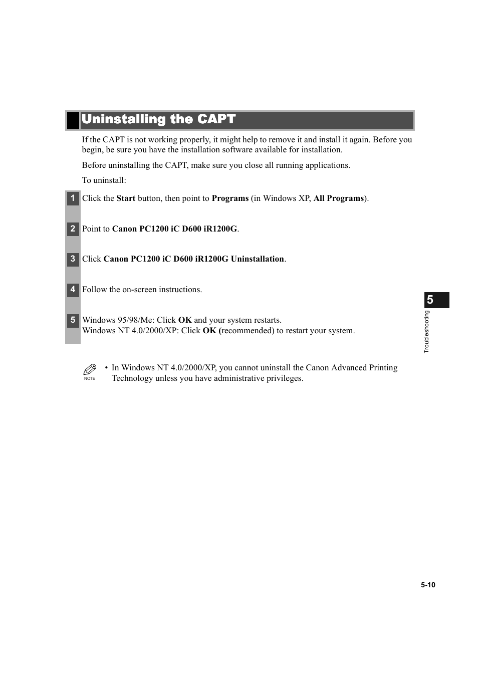 Uninstalling the capt, Uninstalling the capt -10 | Canon IMAGECLASS D600 series User Manual | Page 100 / 113