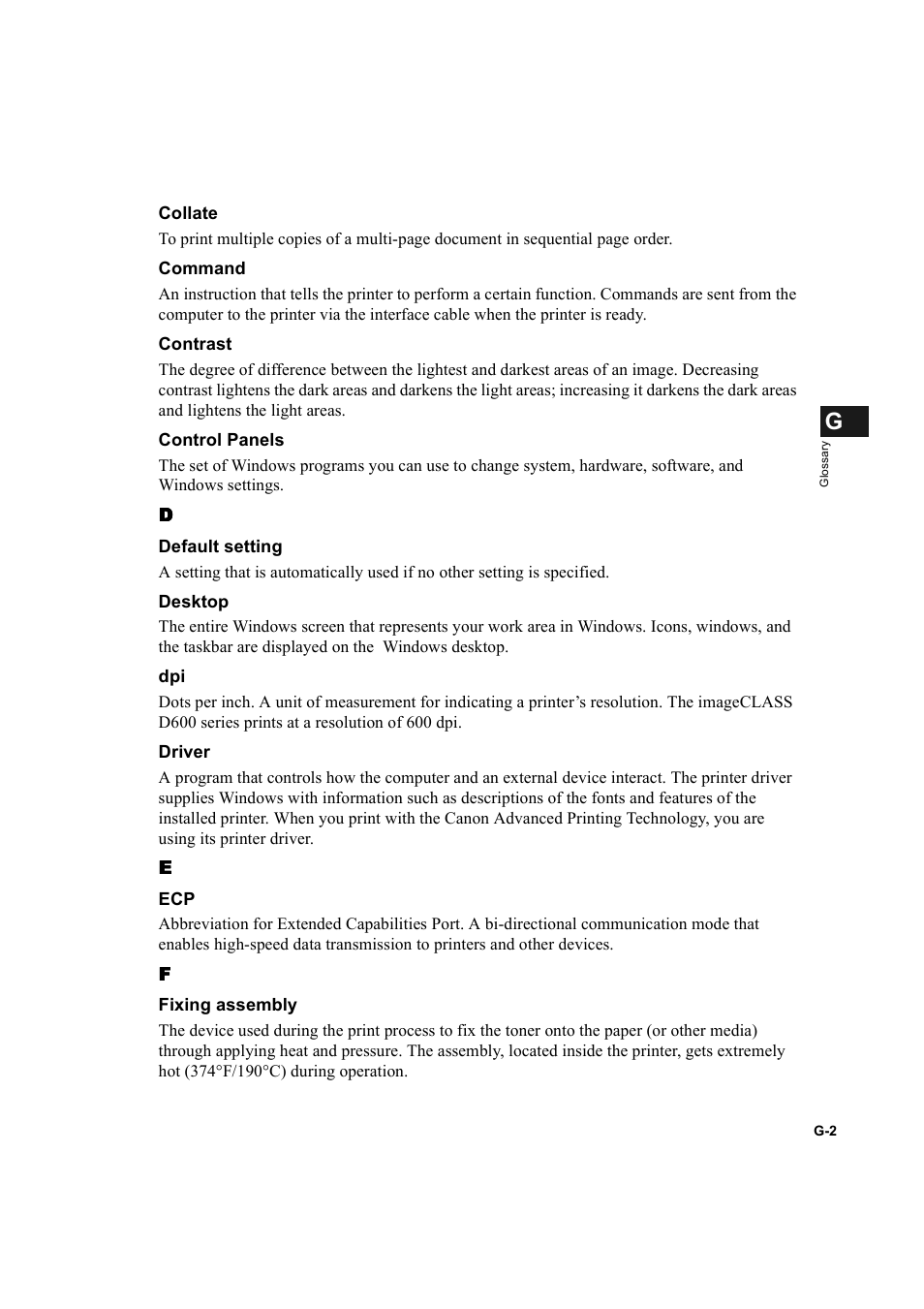 Collate g-2, 2 control panels g-2, Default setting g-2 | Dpi g-2, Fixing assembly g-2 | Canon IMAGECLASS D600 series User Manual | Page 106 / 113