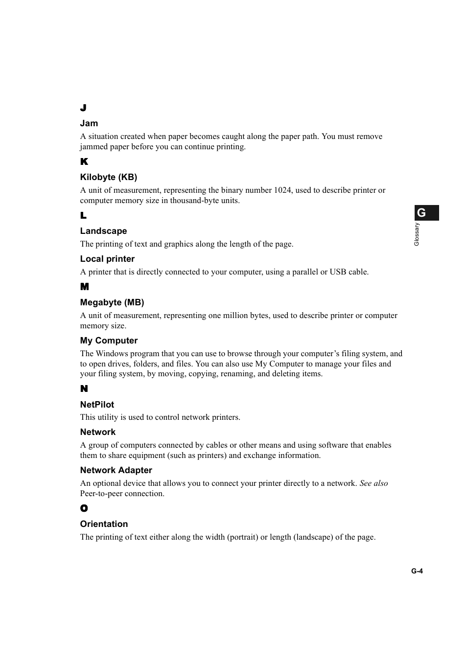 Landscape g-4, Megabyte g-4, Netpilot g-4 network adapter g-4 | Orientation g-4 | Canon IMAGECLASS D600 series User Manual | Page 108 / 113