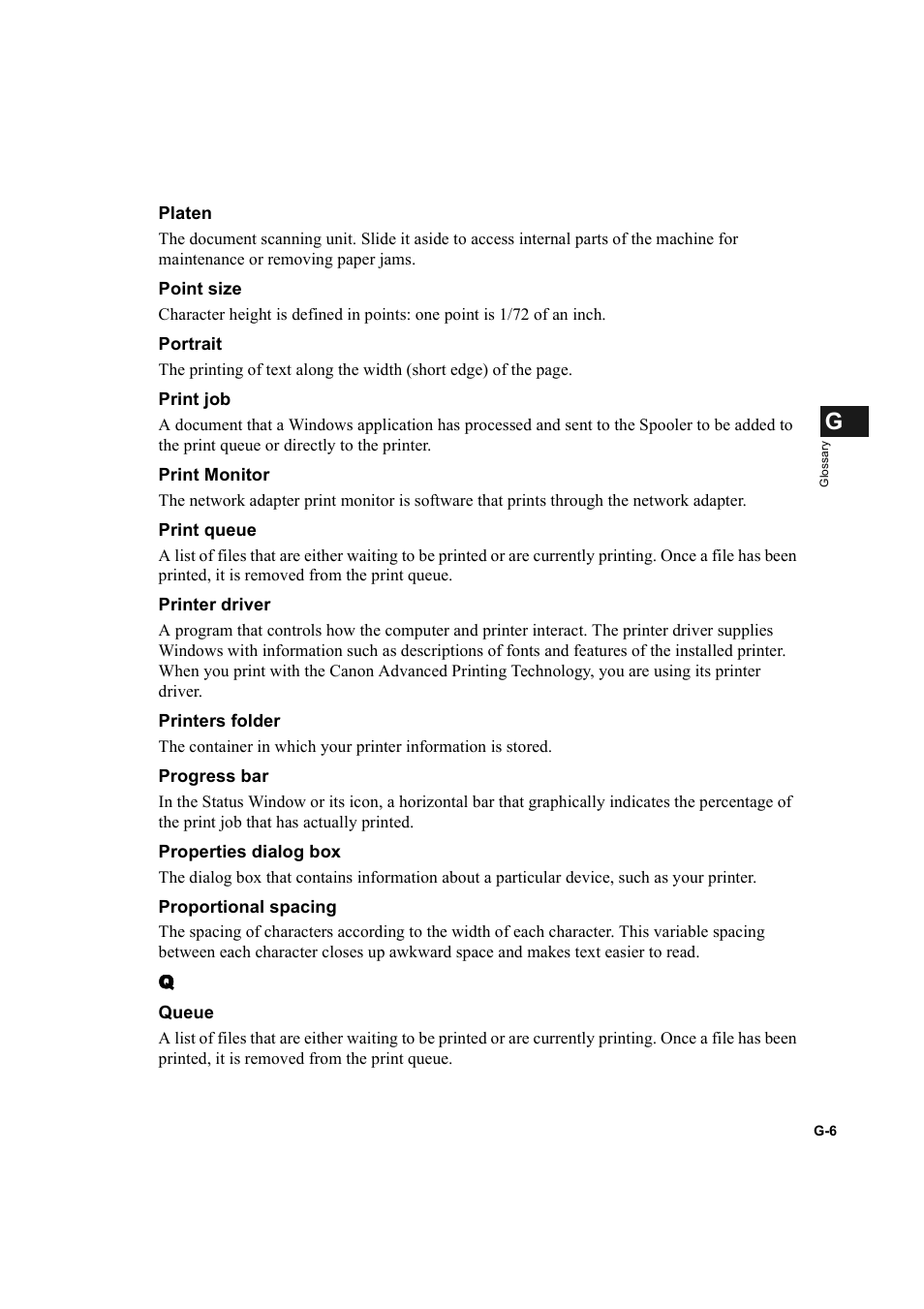 Portrait g-6, Print monitor g-6 print queue g-6, Progress bar g-6 | Queue g-6 | Canon IMAGECLASS D600 series User Manual | Page 110 / 113