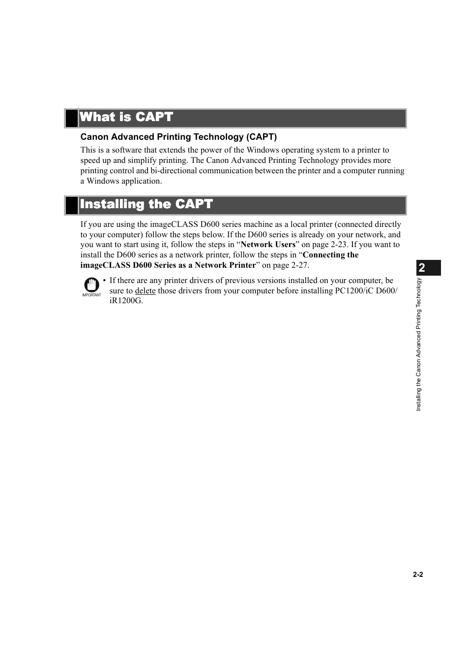 What is capt, Installing the capt, What is capt -2 installing the capt -2 | Canon IMAGECLASS D600 series User Manual | Page 13 / 113