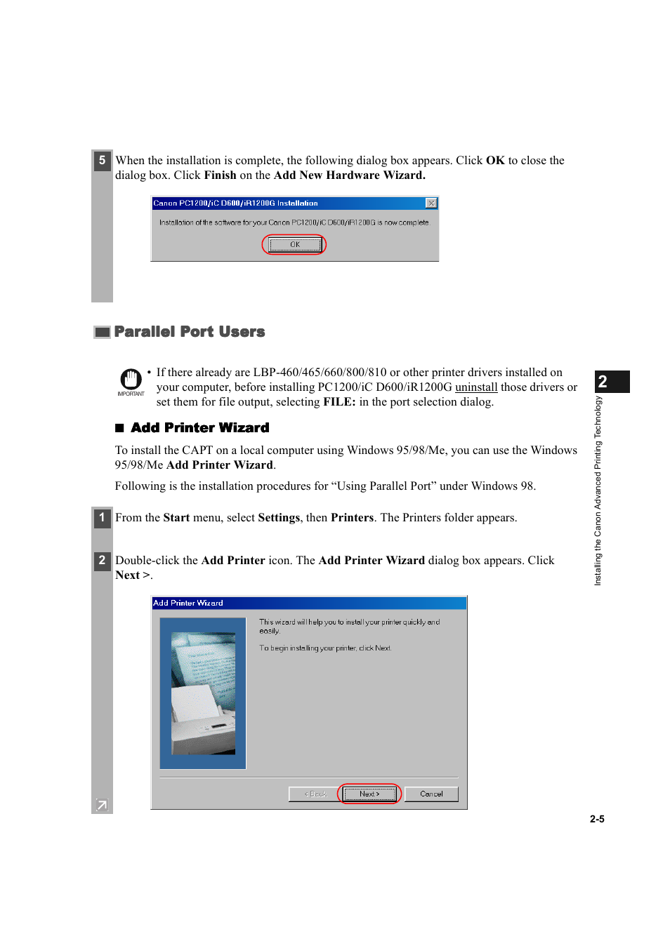 Parallel port users -5, Parallel port users, Add printer wizard | Canon IMAGECLASS D600 series User Manual | Page 16 / 113