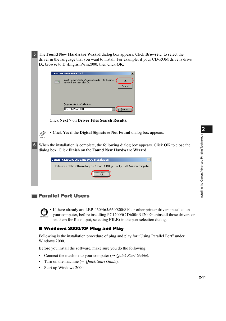 Parallel port users -11, Parallel port users, Windows 2000/xp plug and play | Canon IMAGECLASS D600 series User Manual | Page 22 / 113