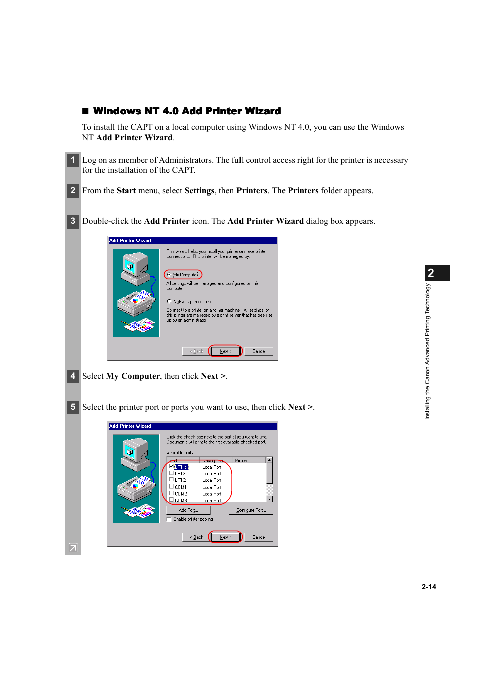 Windows nt 4.0 add printer wizard | Canon IMAGECLASS D600 series User Manual | Page 25 / 113