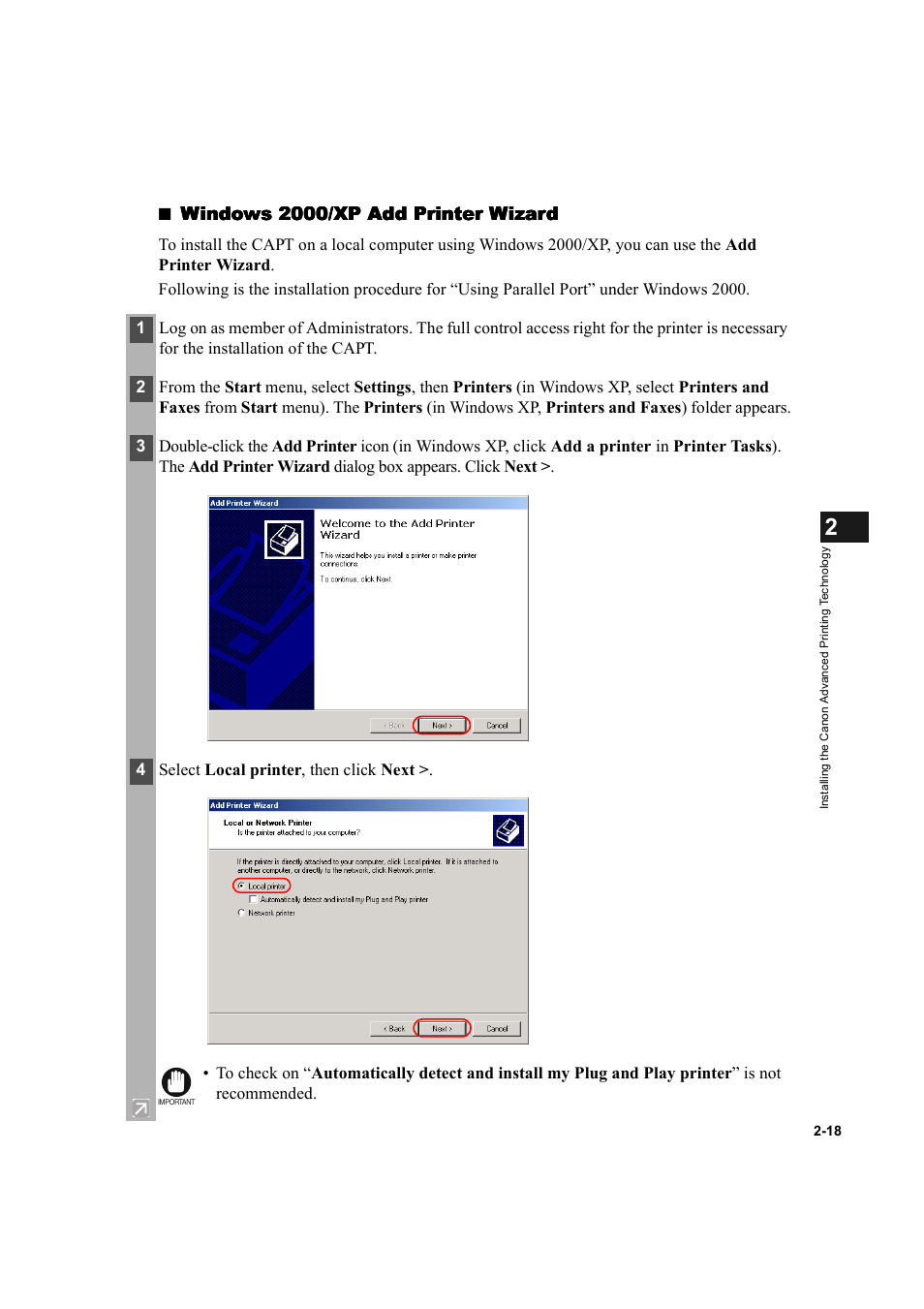 Windows 2000/xp add printer wizard | Canon IMAGECLASS D600 series User Manual | Page 29 / 113