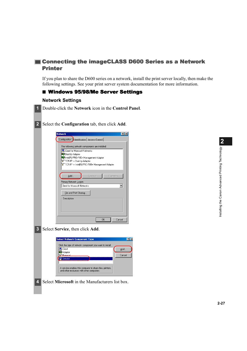 Connecting the imageclass d600 series as a network, Printer -27, Windows 95/98/me server settings | Canon IMAGECLASS D600 series User Manual | Page 38 / 113