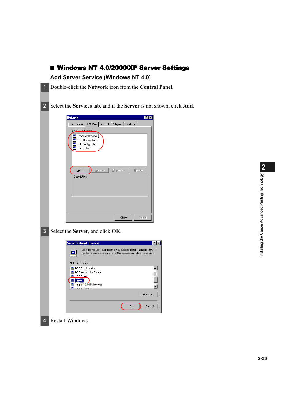 Add server service (windows nt 4.0) | Canon IMAGECLASS D600 series User Manual | Page 44 / 113