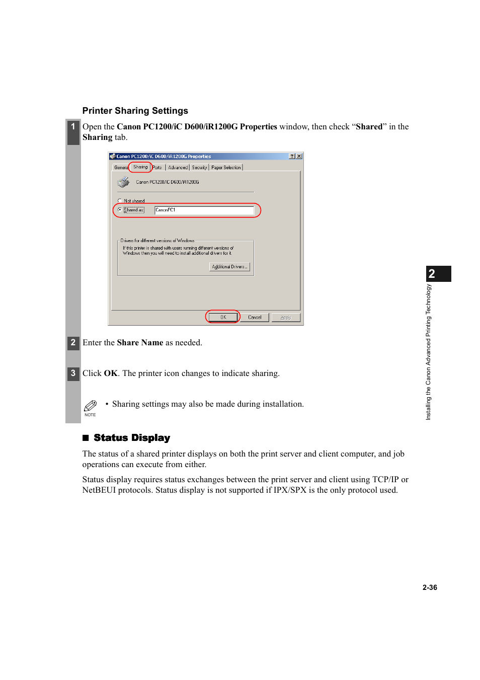 Status display, Printer sharing settings | Canon IMAGECLASS D600 series User Manual | Page 47 / 113