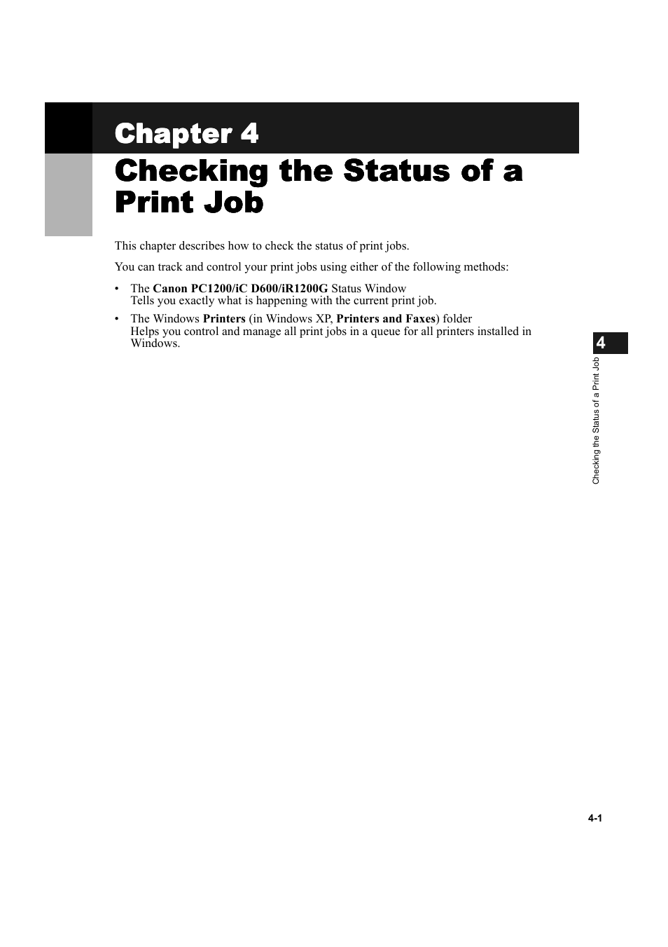 Checking the status of a print job, Chapter 4: checking the status of a print job, Checking the status of a | Chapter 4 | Canon IMAGECLASS D600 series User Manual | Page 78 / 113