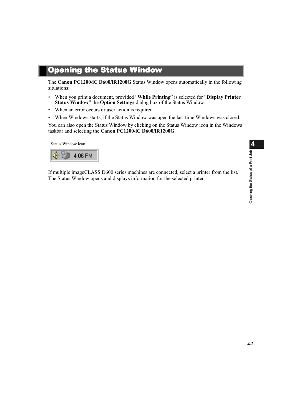 Opening the status window, Opening the status window -2 | Canon IMAGECLASS D600 series User Manual | Page 79 / 113