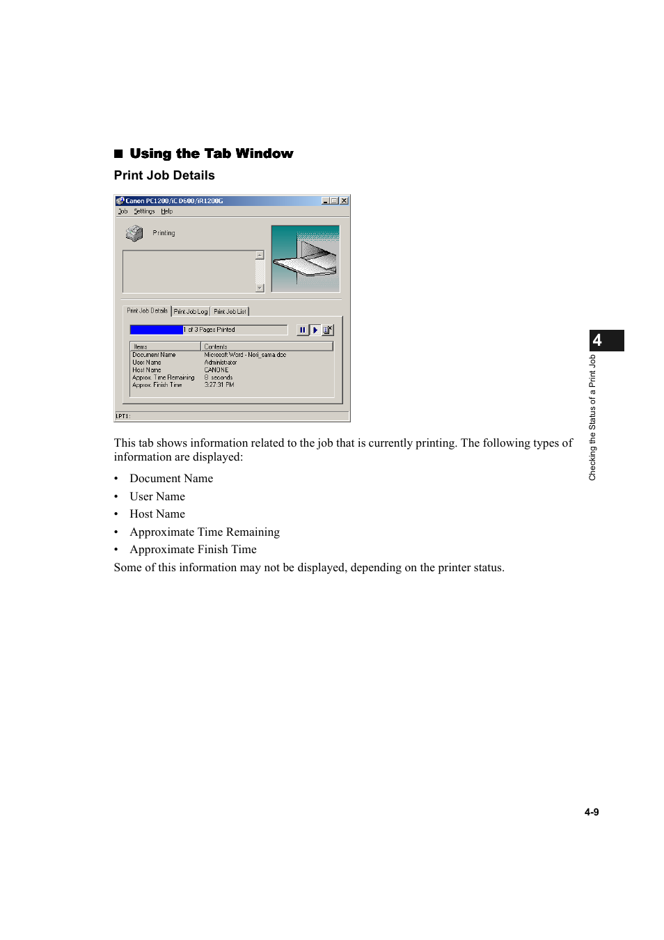 Using the tab window, Print job details | Canon IMAGECLASS D600 series User Manual | Page 86 / 113