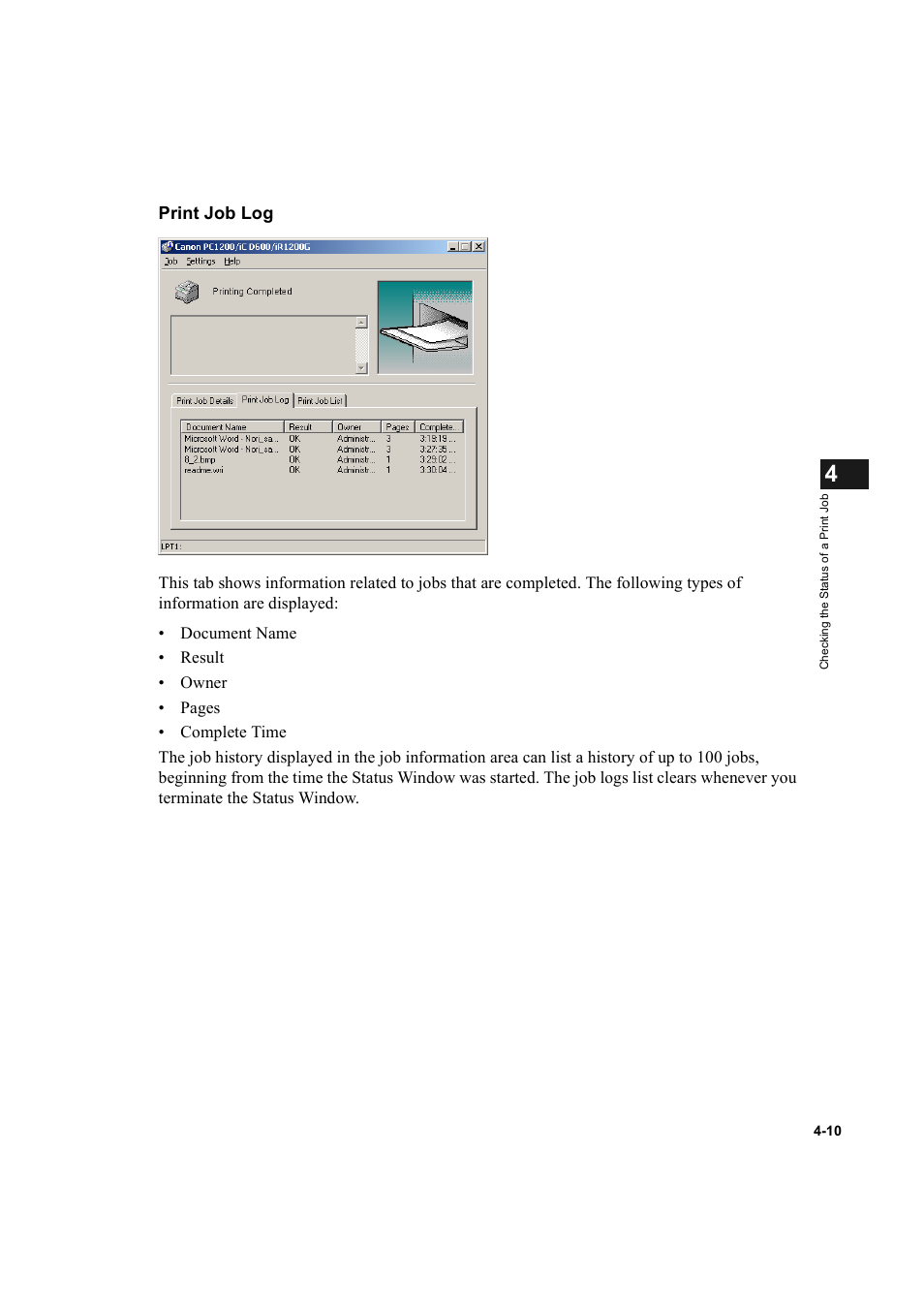 Print job log | Canon IMAGECLASS D600 series User Manual | Page 87 / 113