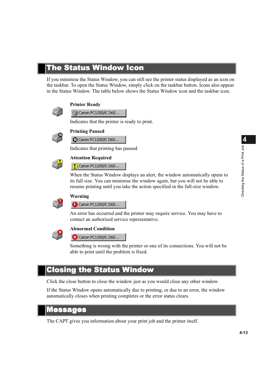 The status window icon, Closing the status window, Messages | Canon IMAGECLASS D600 series User Manual | Page 90 / 113