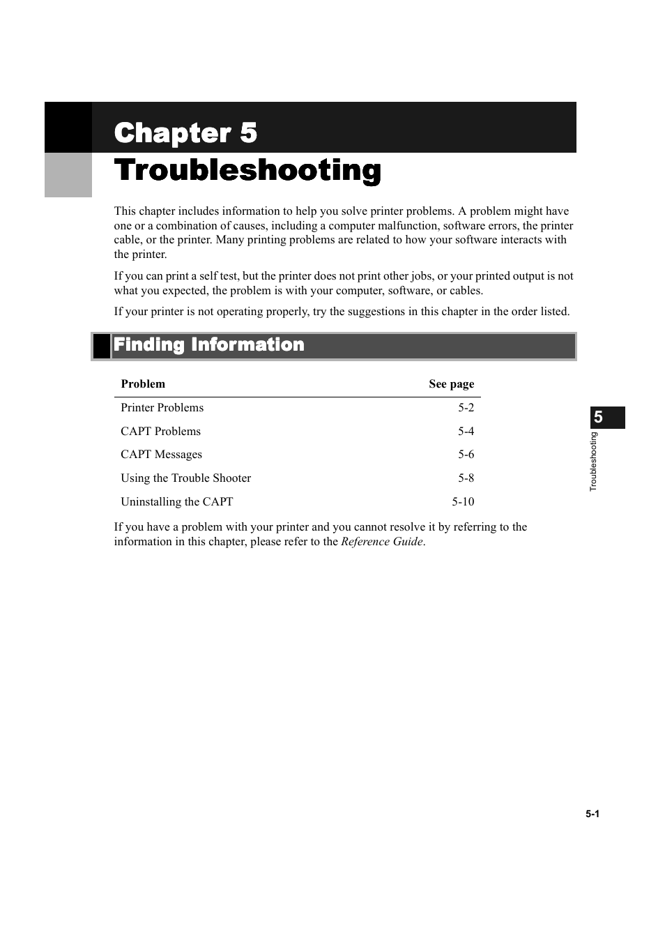 Troubleshooting, Finding information, Chapter 5: troubleshooting | Finding information -1, Chapter 5 | Canon IMAGECLASS D600 series User Manual | Page 91 / 113