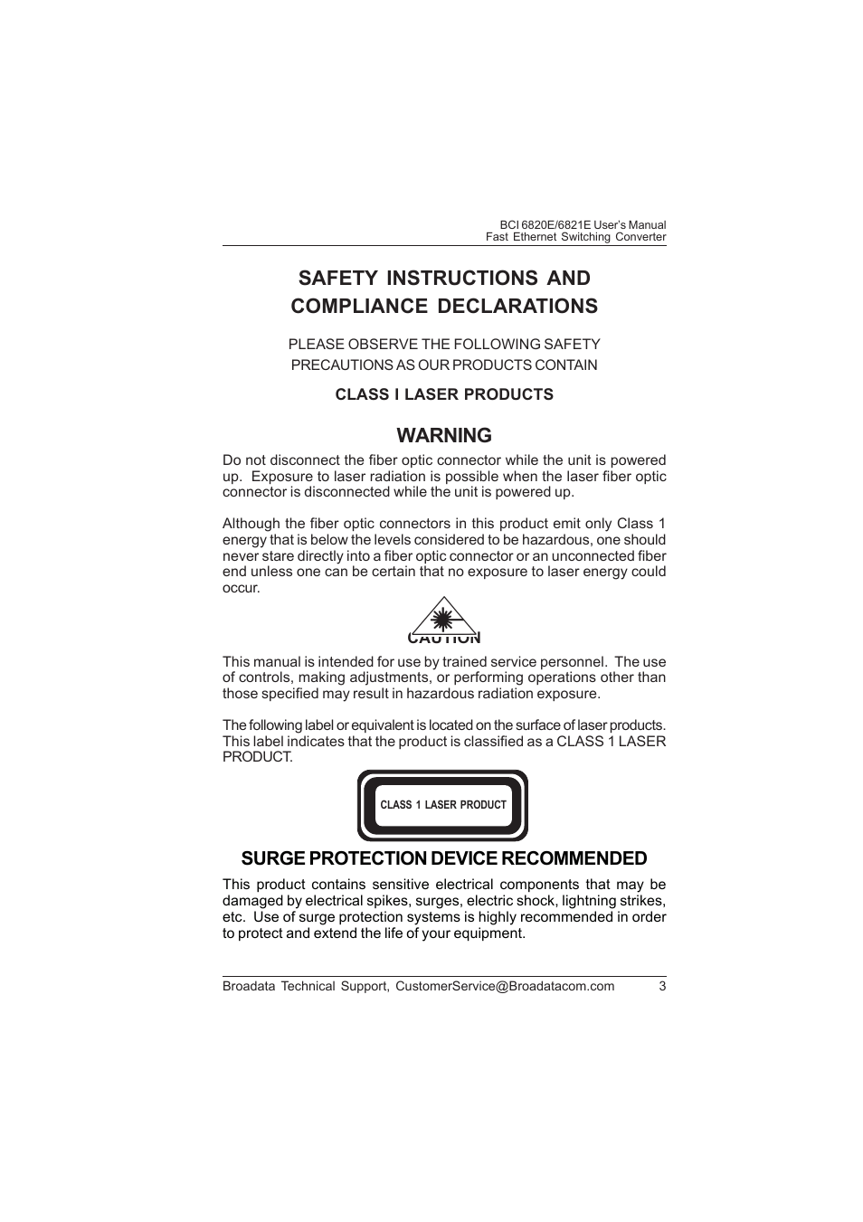 Safety instructions and compliance declarations, Warning, Surge protection device recommended | Broadata Communications 6820E Series User Manual | Page 2 / 14