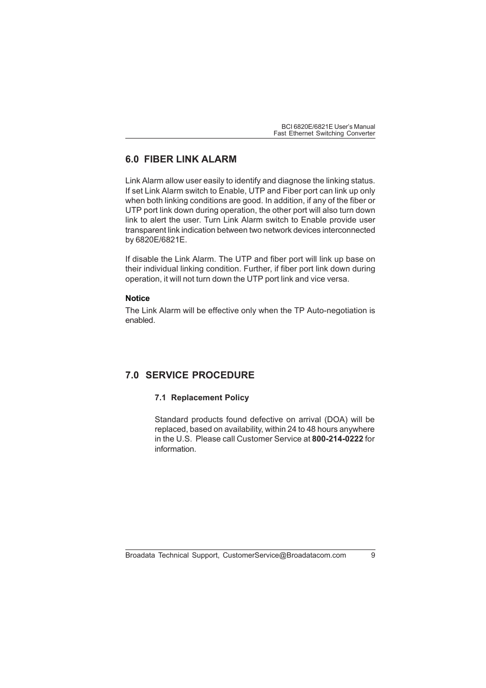 0 fiber link alarm, 0 service procedure | Broadata Communications 6820E Series User Manual | Page 8 / 14