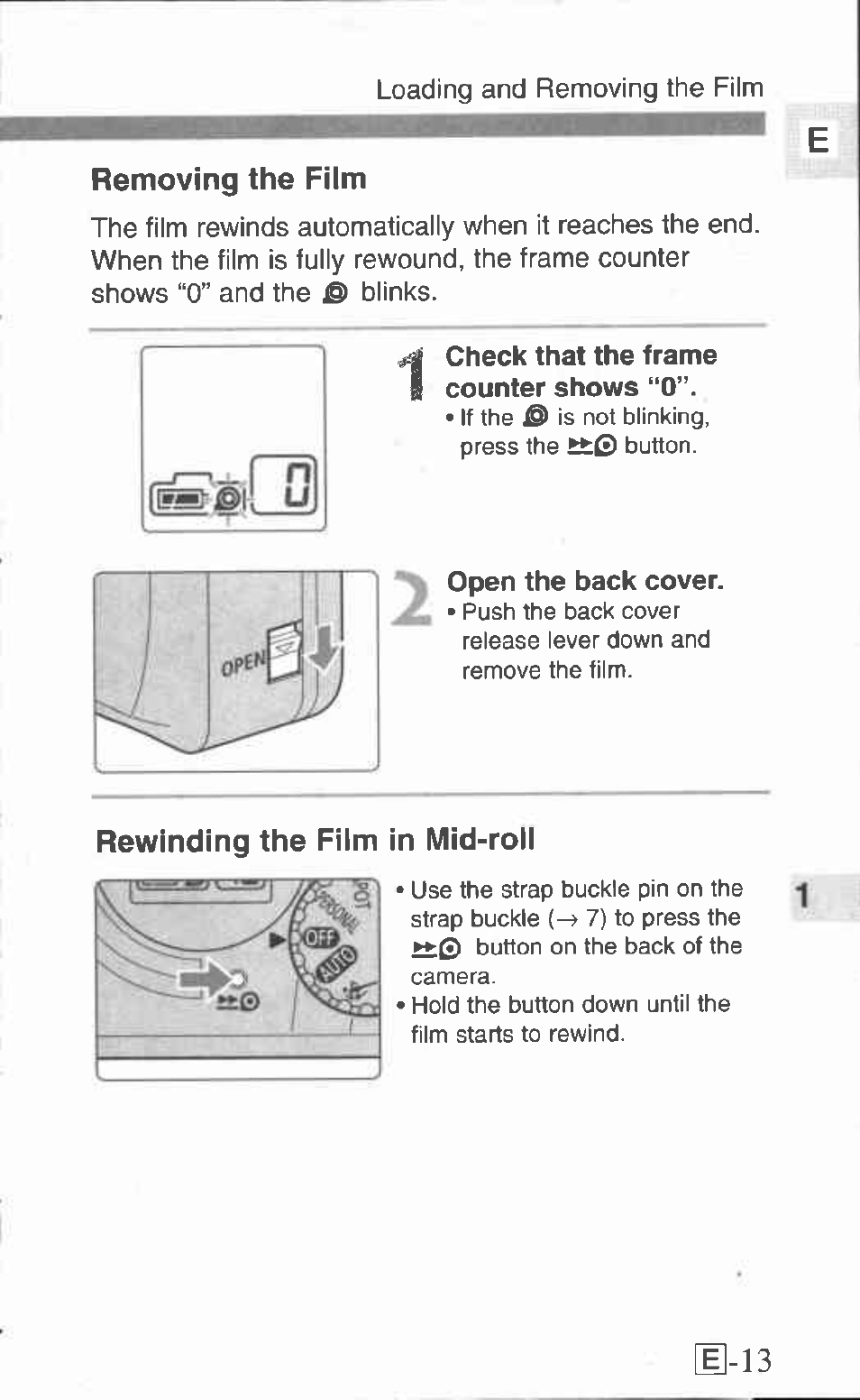 Removing the film, Rewinding the film in mid-roll, Loading the film | Canon Z155 User Manual | Page 13 / 43