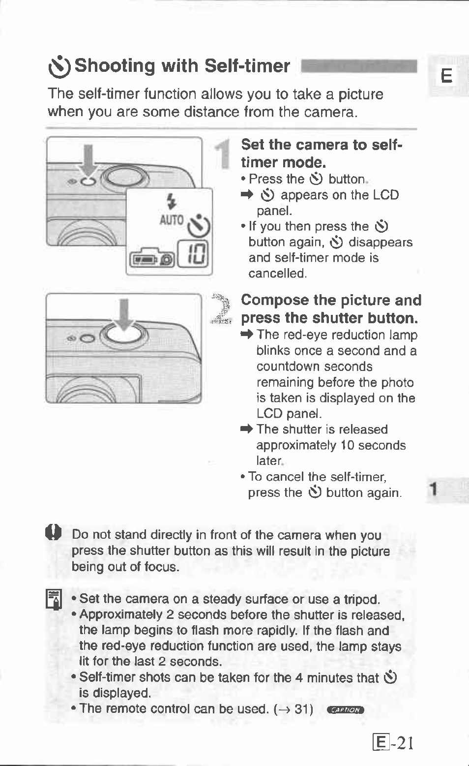 5^ v, E-21, Shooting with seif-timer | Canon Z155 User Manual | Page 21 / 43