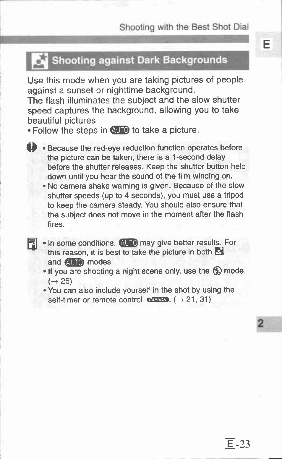 Pj shooting against dark backgrounds, 0 shooting, Against dark backgrounds | Ej-23 | Canon Z155 User Manual | Page 23 / 43