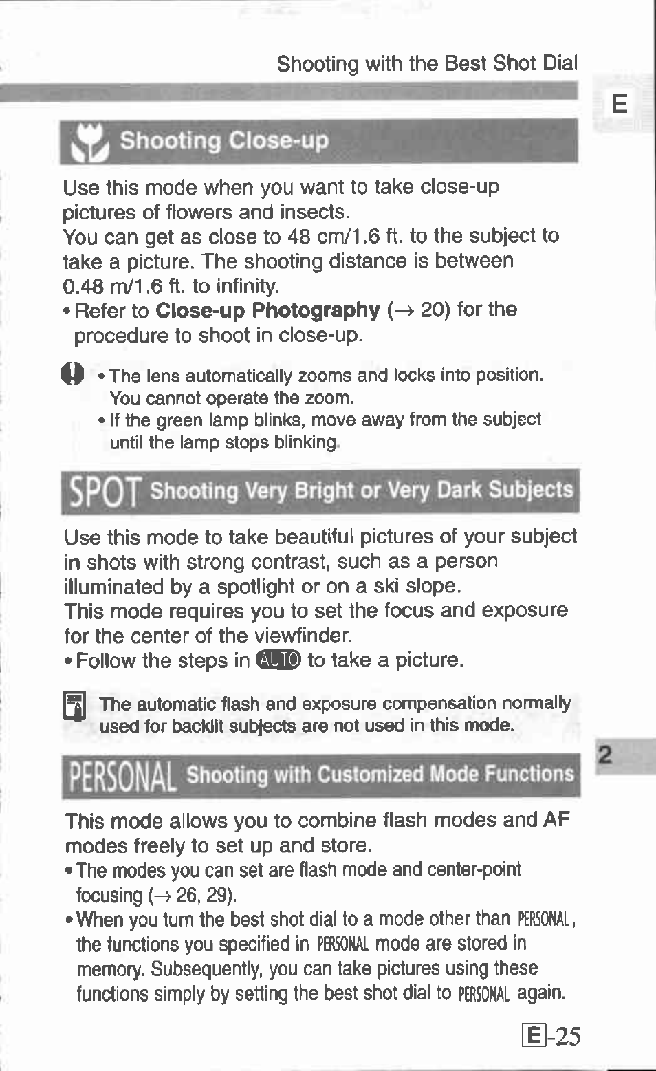 Personal, With, Spot | H-25, Shooting close-up | Canon Z155 User Manual | Page 25 / 43