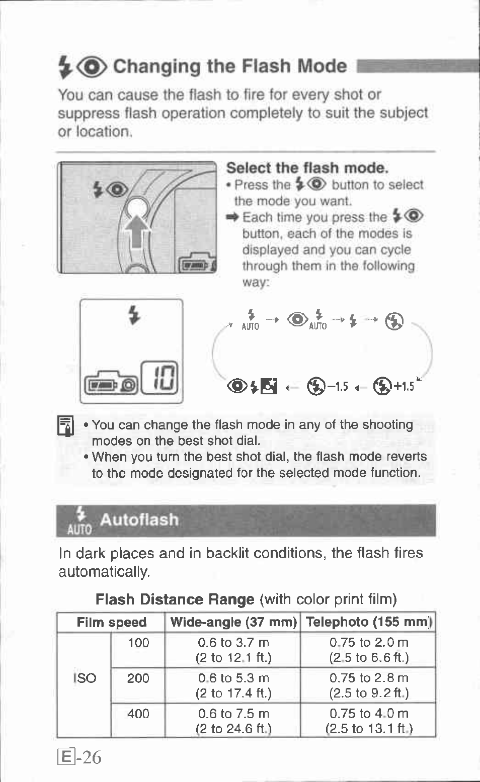 Changing the flash mode, Autoftash, Autoflash | Ej-26 | Canon Z155 User Manual | Page 26 / 43