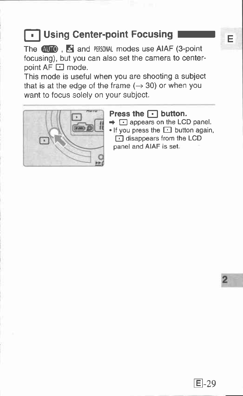 Rn using center-point focusing, Ch using center-point focusing, Press the qd button | M-29 | Canon Z155 User Manual | Page 29 / 43