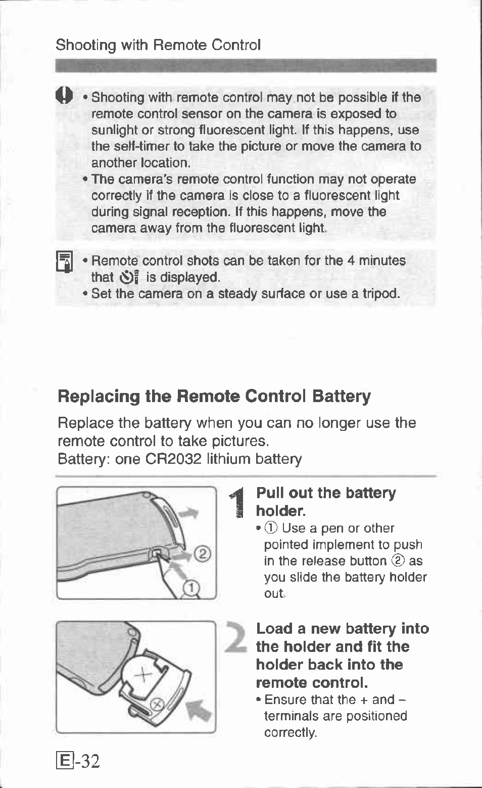 Replacing the remote control battery, Shooting with remote control | Canon Z155 User Manual | Page 32 / 43