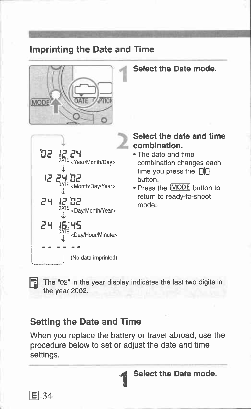 Setting the date and time, Imprinting the date and time, Ej-34 | Canon Z155 User Manual | Page 34 / 43