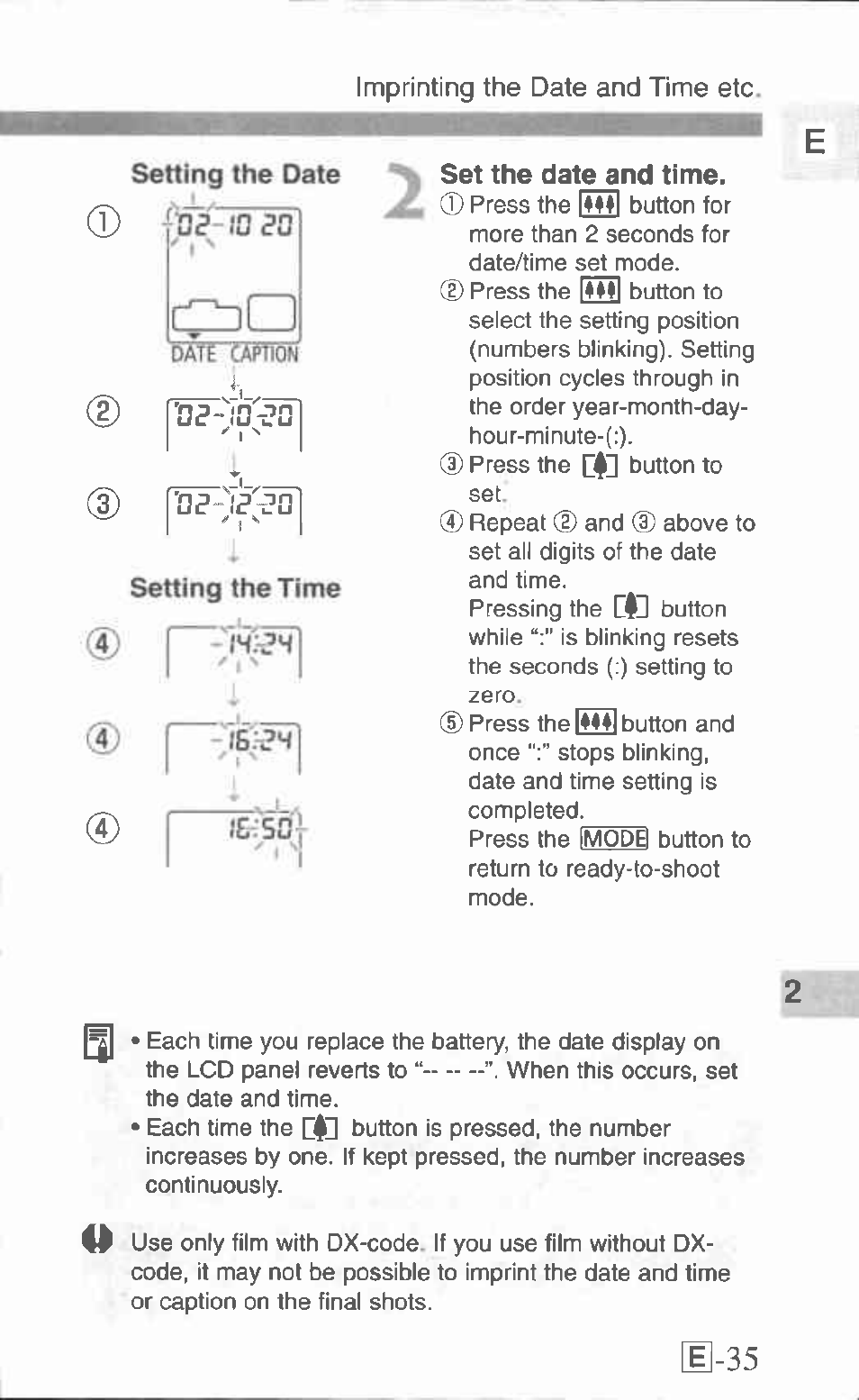 P''fp, Le-35, Imprinting the date and time etc | Owrrotion, K5c} / . si | Canon Z155 User Manual | Page 35 / 43