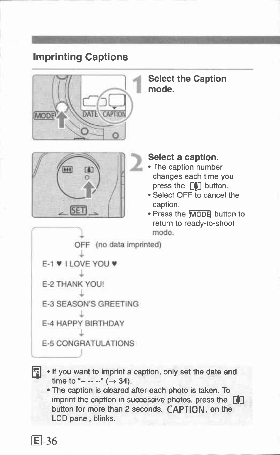 H-36, Caption, Imprinting captions | Canon Z155 User Manual | Page 36 / 43