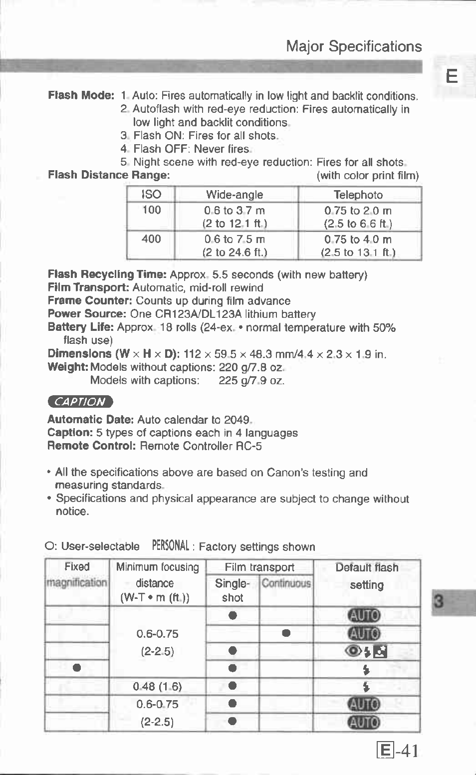E-41, Major specifications, Personal | Canon Z155 User Manual | Page 41 / 43