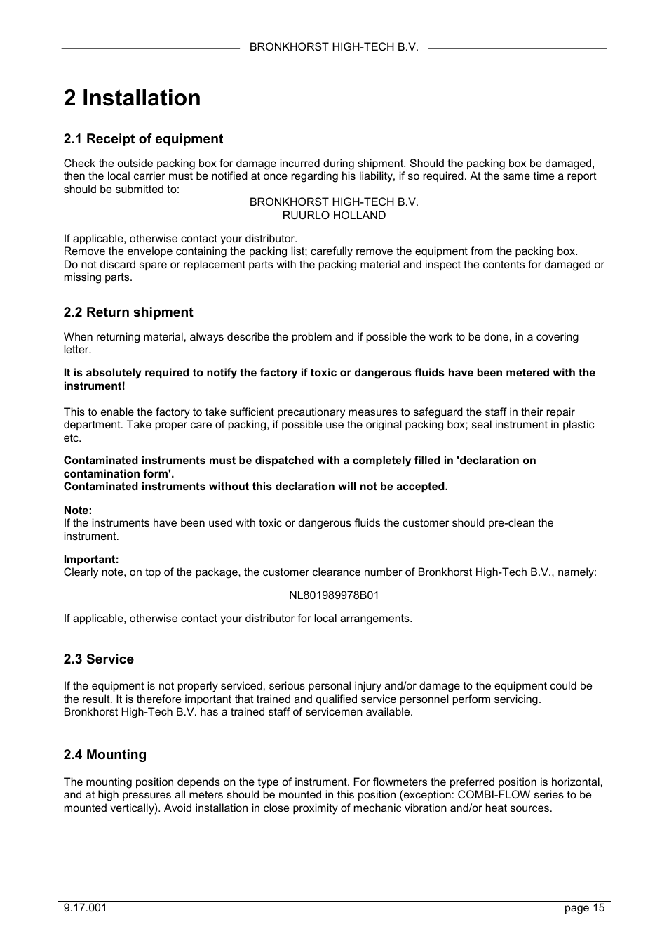 2 installation, 1 receipt of equipment, 2 return shipment | 3 service, 4 mounting | Bronkhorst Mass Flow User Manual | Page 15 / 27