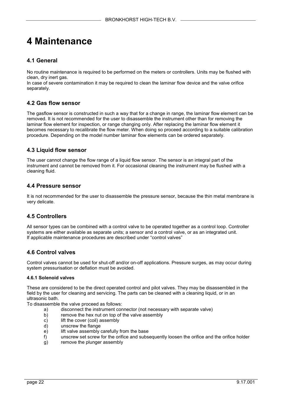 4 maintenance, 1 general, 2 gas flow sensor | 3 liquid flow sensor, 4 pressure sensor, 5 controllers, 6 control valves | Bronkhorst Mass Flow User Manual | Page 22 / 27