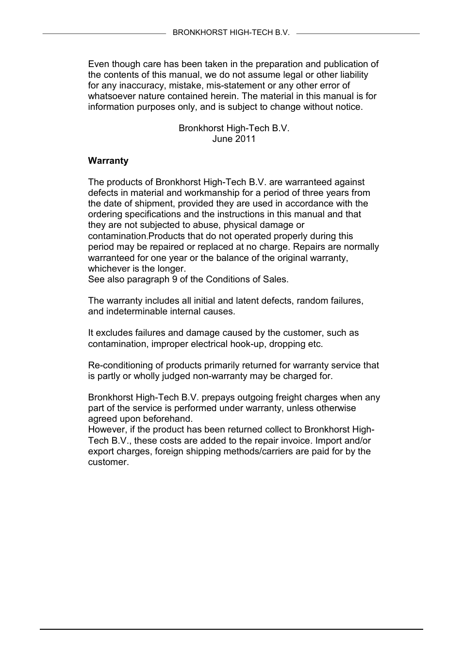 Warranty | Bronkhorst Mass Flow User Manual | Page 3 / 27