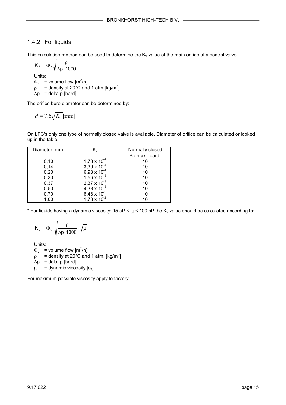 2 for liquids, Mm] 7.6, Φ ∆ ρ µ 1000 | Bronkhorst IN-FLOW User Manual | Page 15 / 38
