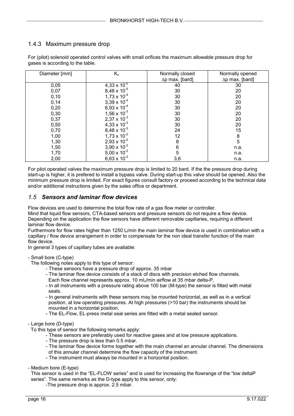 3 maximum pressure drop, 5 sensors and laminar flow devices | Bronkhorst IN-FLOW User Manual | Page 16 / 38