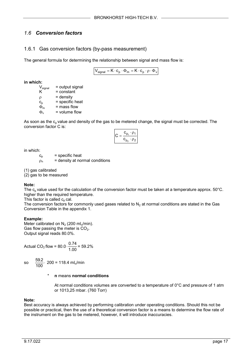 6 conversion factors, 1 gas conversion factors (by-pass measurement) | Bronkhorst IN-FLOW User Manual | Page 17 / 38