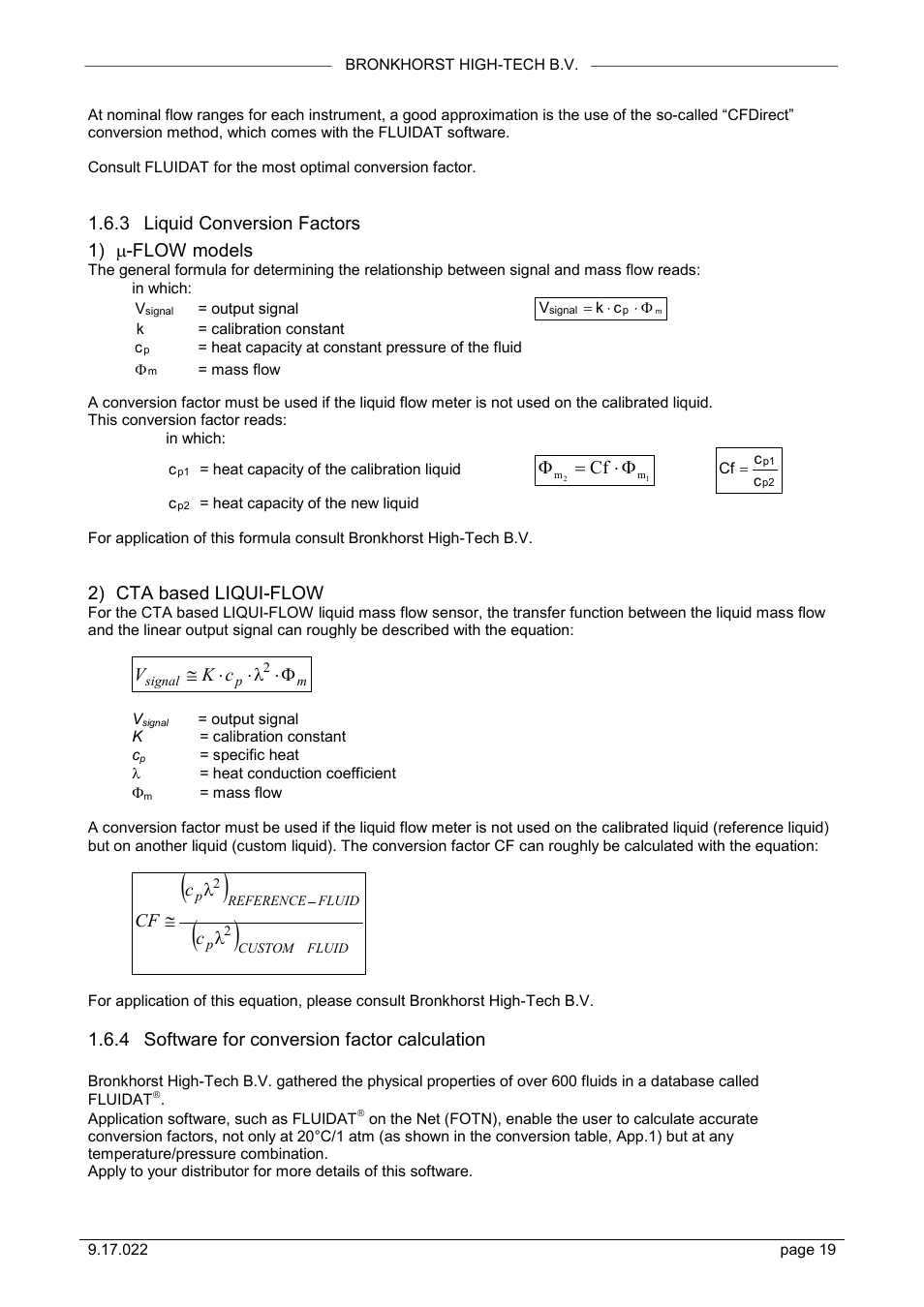 3 liquid conversion factors 1) µ-flow models, Cf φ ⋅ = φ, 2) cta based liqui-flow | Ck v φ ⋅ l, 4 software for conversion factor calculation | Bronkhorst IN-FLOW User Manual | Page 19 / 38