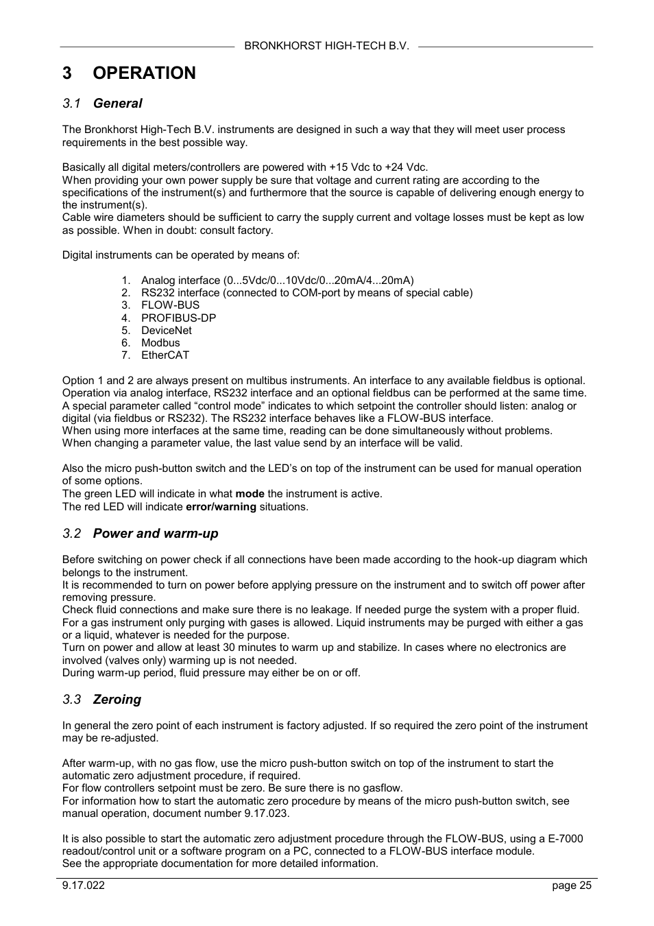 3 operation, 1 general, 2 power and warm-up | 3 zeroing | Bronkhorst IN-FLOW User Manual | Page 25 / 38