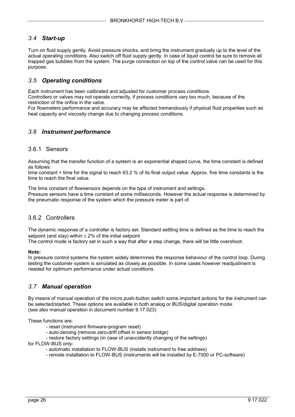 4 start-up, 5 operating conditions, 6 instrument performance | 1 sensors, 2 controllers, 7 manual operation | Bronkhorst IN-FLOW User Manual | Page 26 / 38