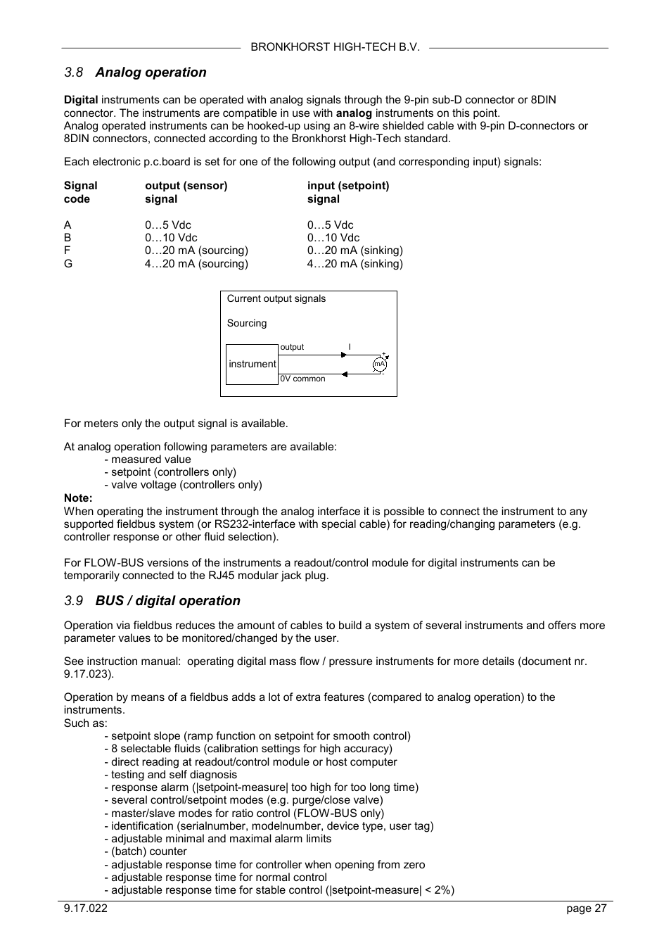 8 analog operation, 9 bus / digital operation | Bronkhorst IN-FLOW User Manual | Page 27 / 38