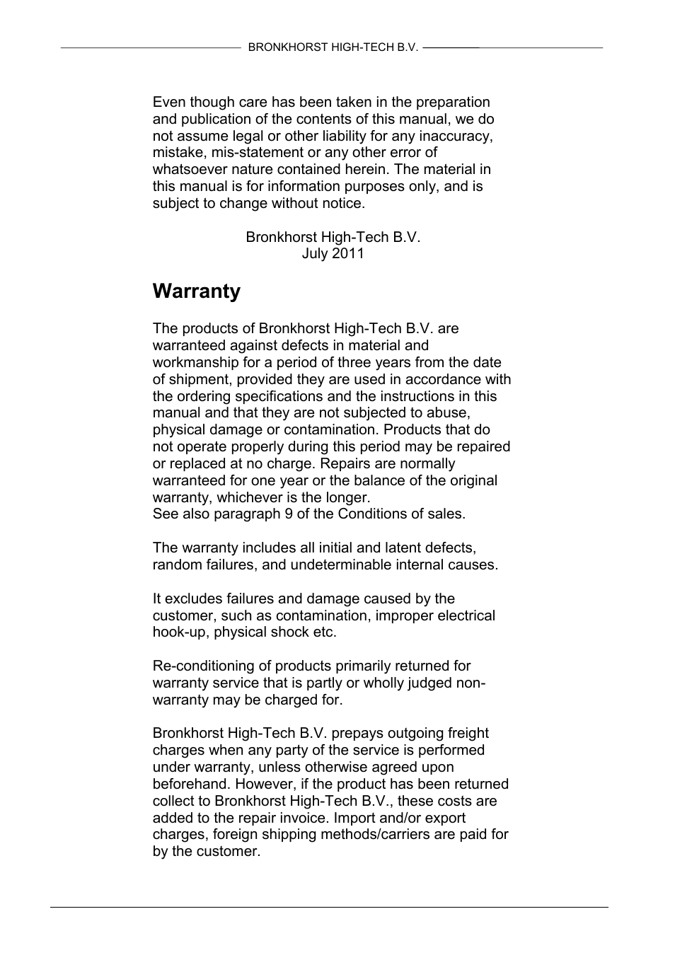 Warranty | Bronkhorst IN-FLOW User Manual | Page 3 / 38